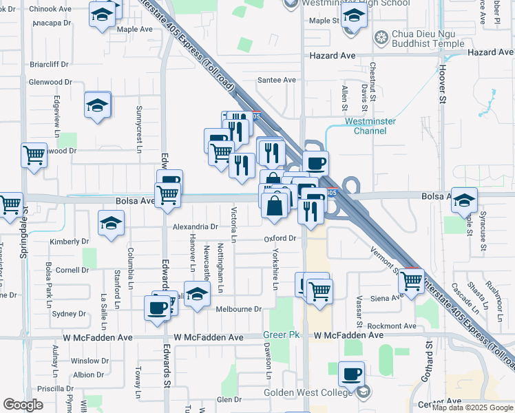 map of restaurants, bars, coffee shops, grocery stores, and more near 15011 Sussex Circle in Huntington Beach
