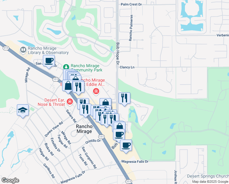map of restaurants, bars, coffee shops, grocery stores, and more near 71945 Eleanora Lane in Rancho Mirage