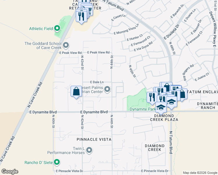 map of restaurants, bars, coffee shops, grocery stores, and more near 28432 North 44th Street in Cave Creek