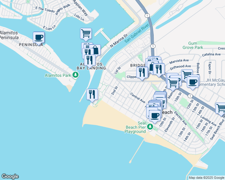 map of restaurants, bars, coffee shops, grocery stores, and more near 127 2nd Street in Seal Beach