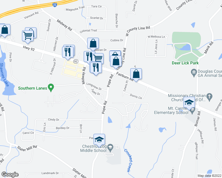 map of restaurants, bars, coffee shops, grocery stores, and more near 2290 Pope Road in Douglasville