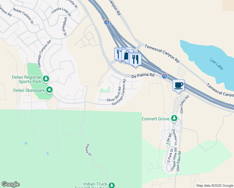 map of restaurants, bars, coffee shops, grocery stores, and more near 11772 Silver Birch Road in Corona