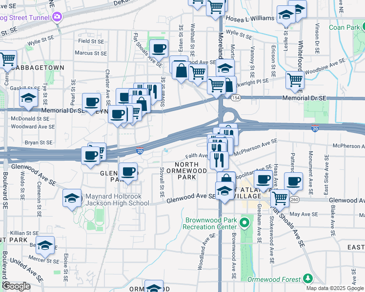 map of restaurants, bars, coffee shops, grocery stores, and more near 3 Stovall Street Southeast in Atlanta