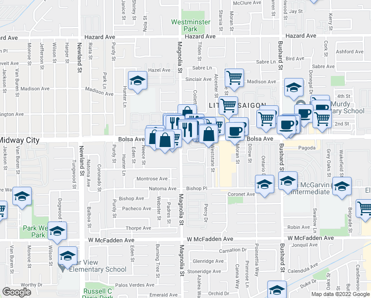 map of restaurants, bars, coffee shops, grocery stores, and more near 15065 Henley Drive in Westminster