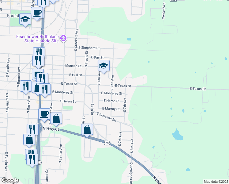 map of restaurants, bars, coffee shops, grocery stores, and more near 615 East Monterey Street in Denison