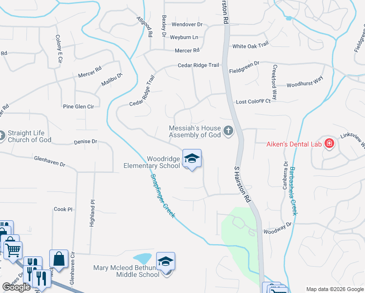 map of restaurants, bars, coffee shops, grocery stores, and more near 4187 Cedar Ridge Trail in Stone Mountain