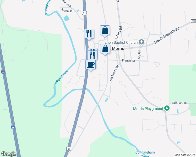 map of restaurants, bars, coffee shops, grocery stores, and more near 8312 Franklin Ln in Morris