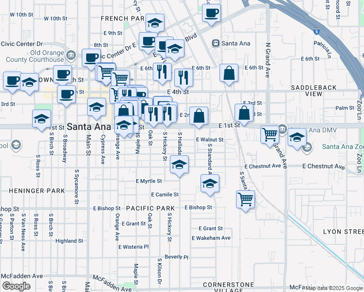 map of restaurants, bars, coffee shops, grocery stores, and more near 209 South Halladay Street in Santa Ana