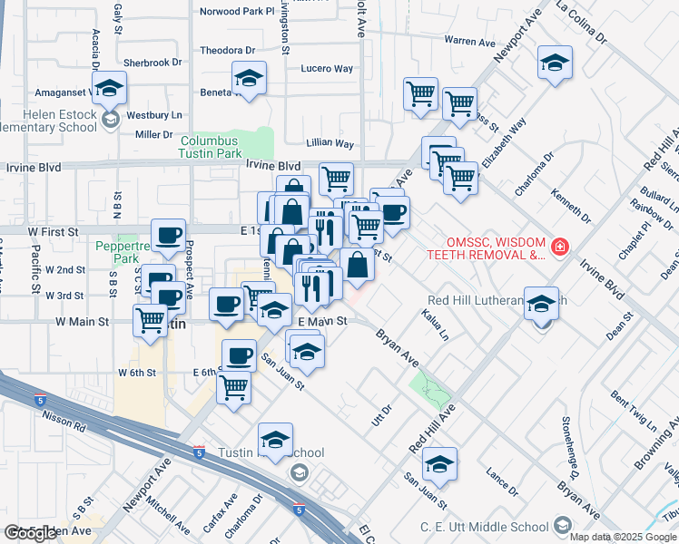 map of restaurants, bars, coffee shops, grocery stores, and more near 13444 Newport Ave in Tustin