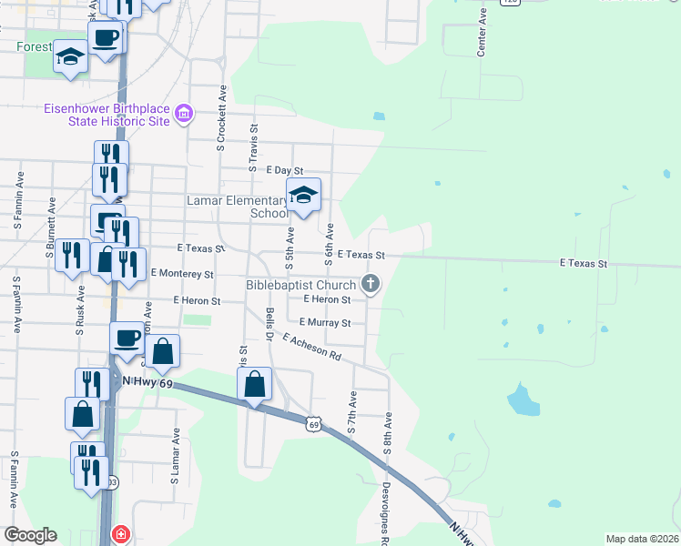 map of restaurants, bars, coffee shops, grocery stores, and more near 615 East Monterey Street in Denison
