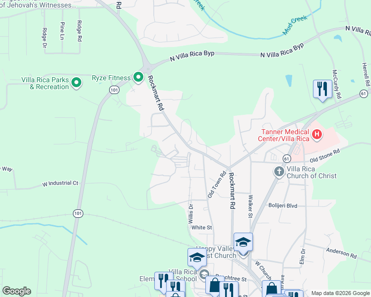 map of restaurants, bars, coffee shops, grocery stores, and more near 618 Rockmart Road in Villa Rica