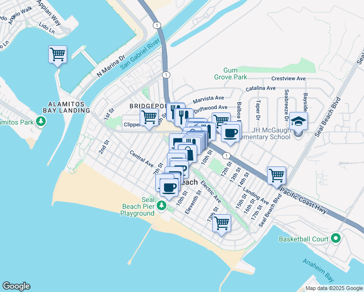 map of restaurants, bars, coffee shops, grocery stores, and more near 307 8th Street in Seal Beach