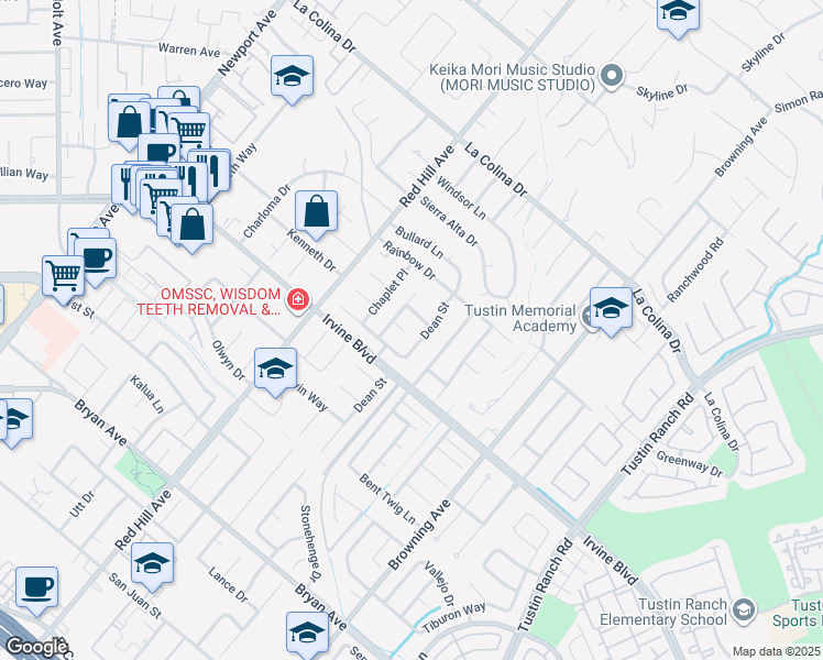map of restaurants, bars, coffee shops, grocery stores, and more near 1672 Kenneth Drive in Santa Ana