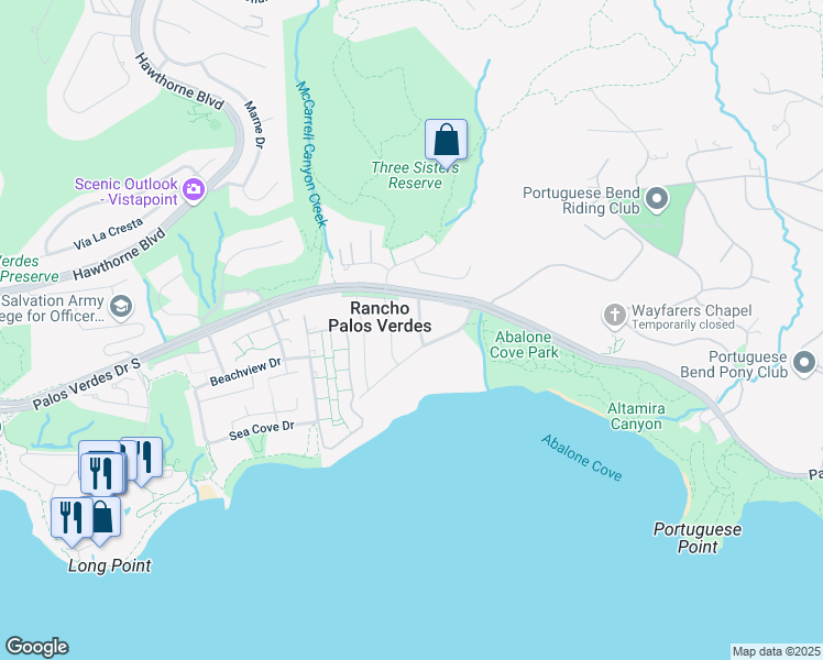 map of restaurants, bars, coffee shops, grocery stores, and more near 11 Clipper Road in Rancho Palos Verdes