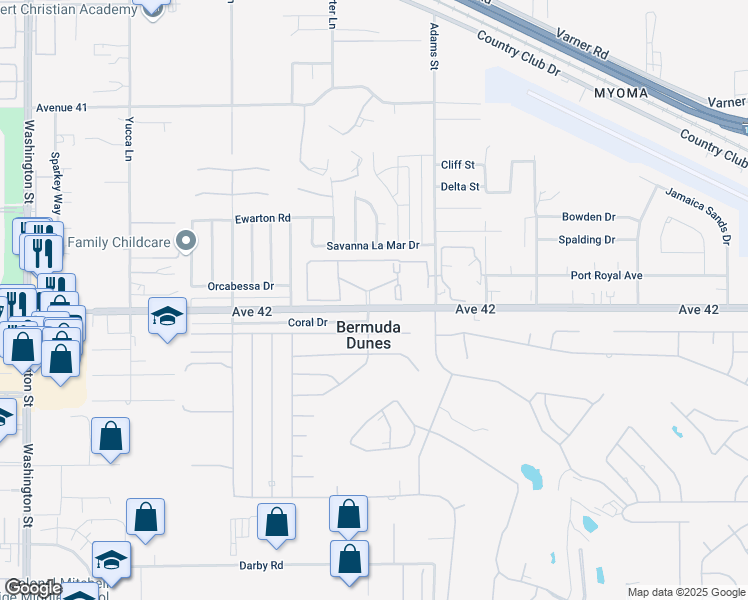 map of restaurants, bars, coffee shops, grocery stores, and more near 78650 Avenue 42 in Bermuda Dunes