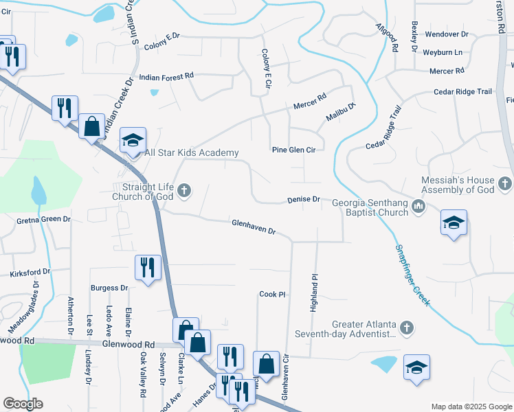 map of restaurants, bars, coffee shops, grocery stores, and more near 4357 Denise Drive in Decatur
