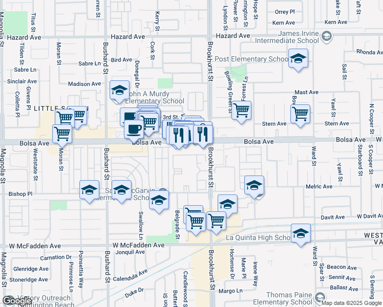 map of restaurants, bars, coffee shops, grocery stores, and more near 9876 Bolsa Avenue in Westminster