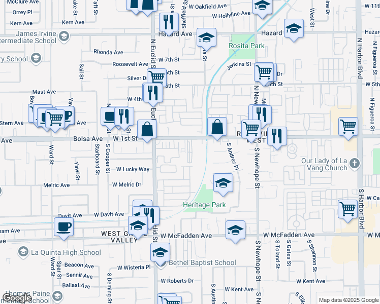 map of restaurants, bars, coffee shops, grocery stores, and more near 4918 West 1st Street in Santa Ana