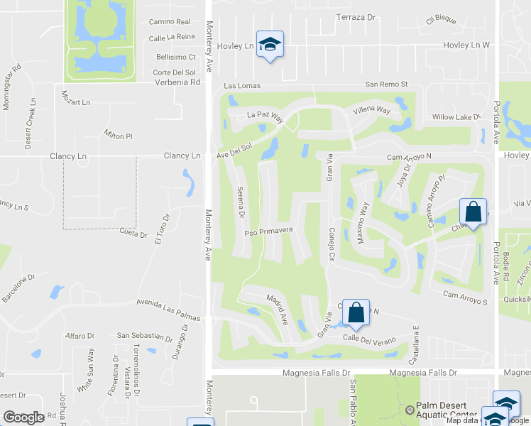 map of restaurants, bars, coffee shops, grocery stores, and more near 261 Santa Barbara Circle in Palm Desert