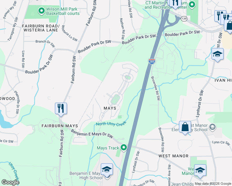 map of restaurants, bars, coffee shops, grocery stores, and more near 588 Lofty Lane in Atlanta
