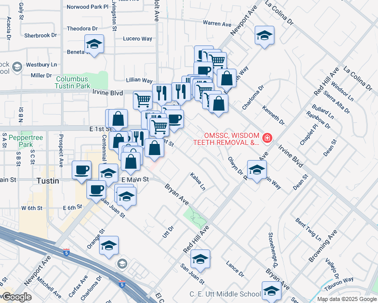 map of restaurants, bars, coffee shops, grocery stores, and more near 1201 East 1st Street in Tustin