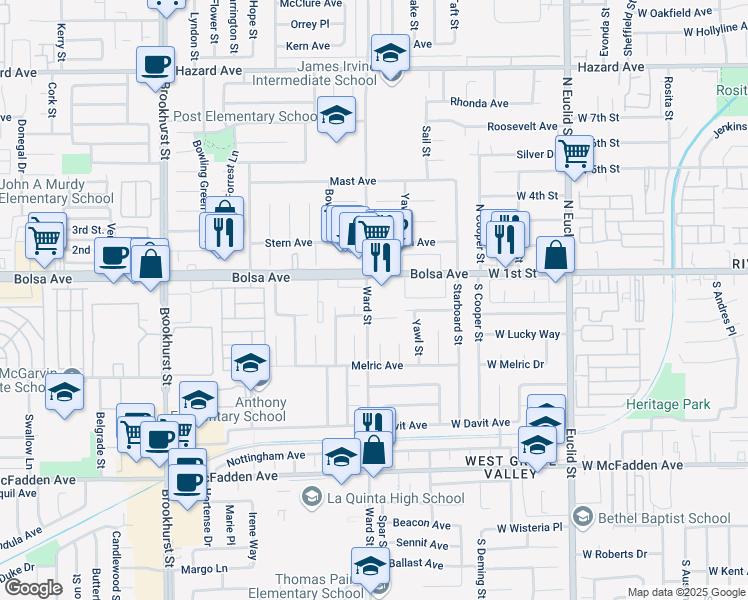 map of restaurants, bars, coffee shops, grocery stores, and more near 15052 Ward Street in Westminster