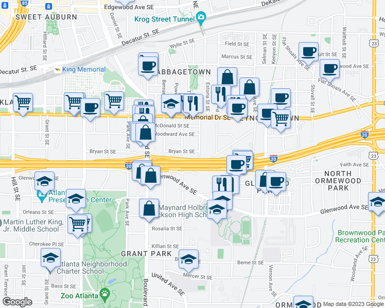 map of restaurants, bars, coffee shops, grocery stores, and more near 705 Bryan Street Southeast in Atlanta