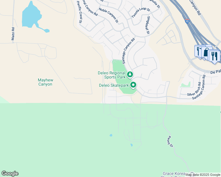 map of restaurants, bars, coffee shops, grocery stores, and more near 11050 Quince Court in Corona