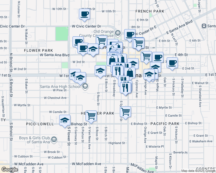 map of restaurants, bars, coffee shops, grocery stores, and more near 209 South Birch Street in Santa Ana