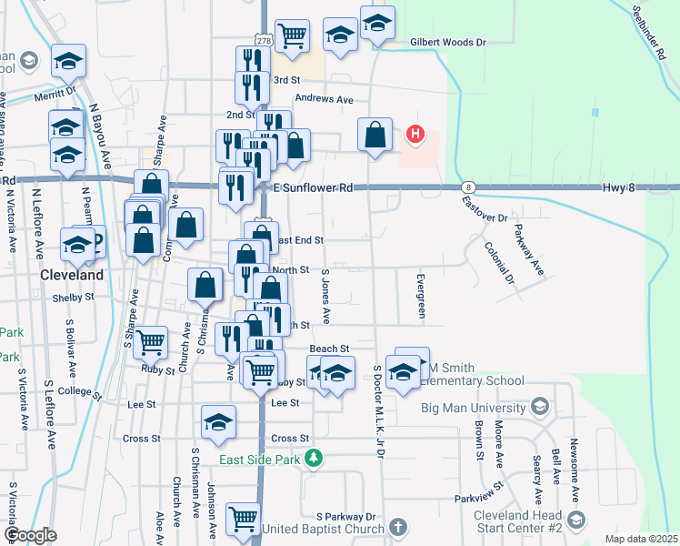 map of restaurants, bars, coffee shops, grocery stores, and more near 800 North Street in Cleveland