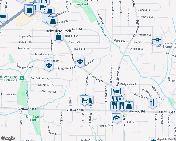 map of restaurants, bars, coffee shops, grocery stores, and more near 1576 Columbia Drive in Decatur