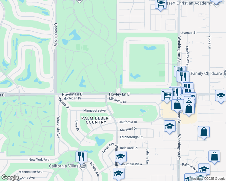map of restaurants, bars, coffee shops, grocery stores, and more near 41831 Preston Trail in Palm Desert