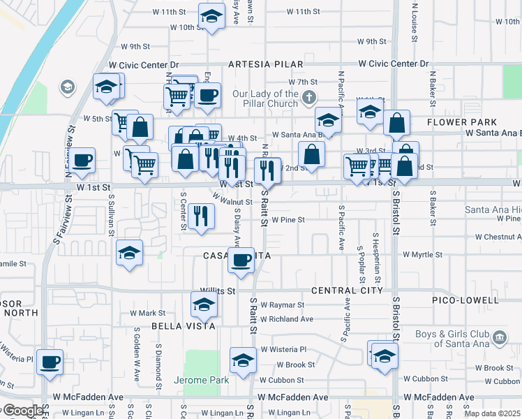 map of restaurants, bars, coffee shops, grocery stores, and more near 210 South Raitt Street in Santa Ana
