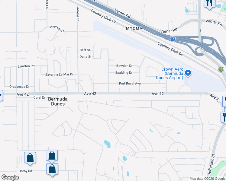 map of restaurants, bars, coffee shops, grocery stores, and more near 79270 Avenue 42 in Bermuda Dunes
