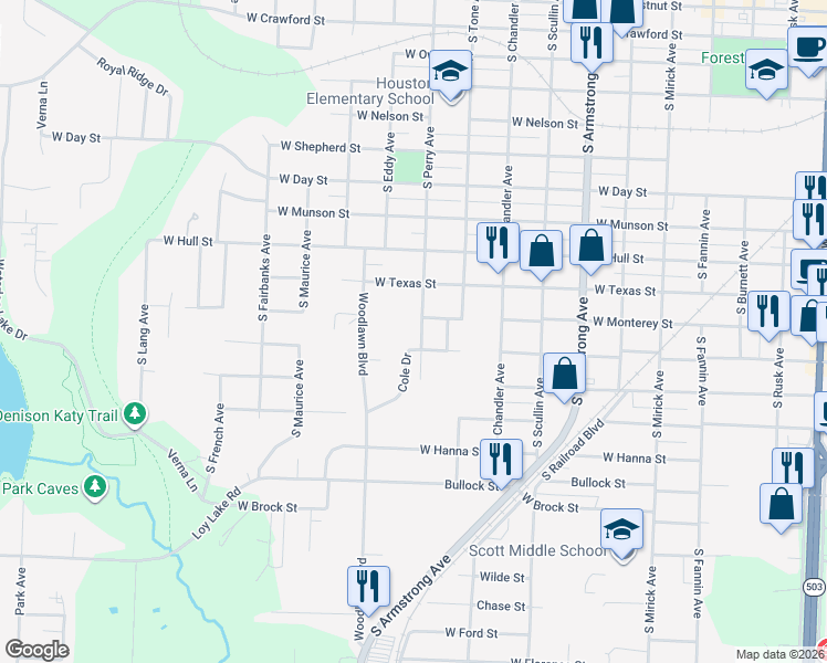 map of restaurants, bars, coffee shops, grocery stores, and more near 1215 South Perry Avenue in Denison