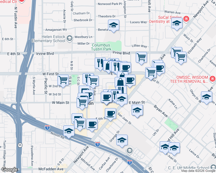 map of restaurants, bars, coffee shops, grocery stores, and more near 340 East 2nd Street in Tustin