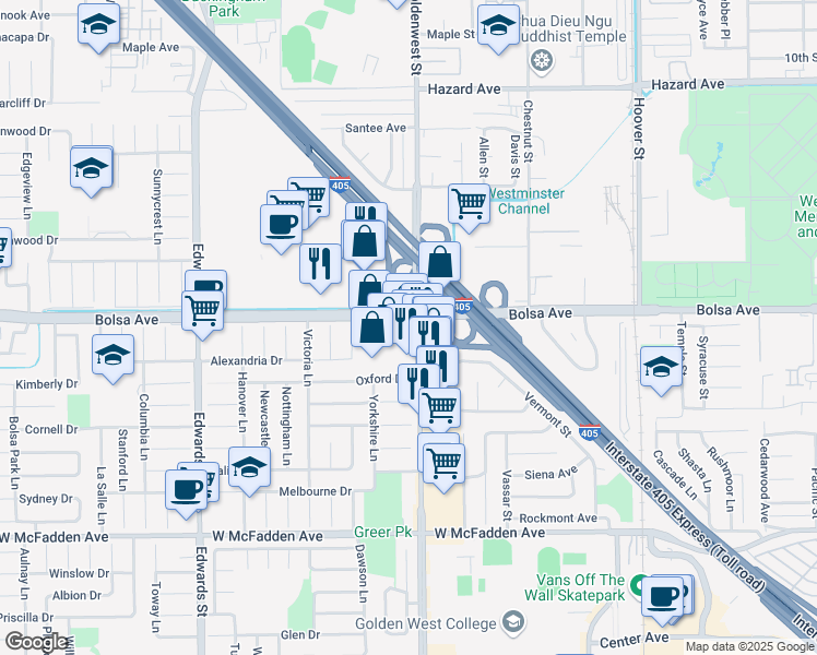 map of restaurants, bars, coffee shops, grocery stores, and more near 15001 Goldenwest Street in Huntington Beach