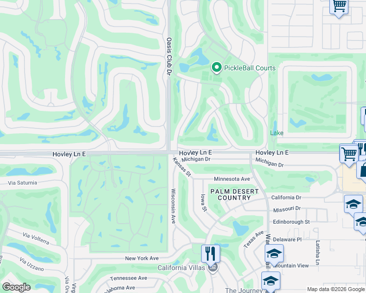 map of restaurants, bars, coffee shops, grocery stores, and more near 77042 Pauma Valley Way in Palm Desert