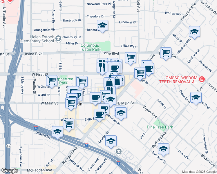 map of restaurants, bars, coffee shops, grocery stores, and more near 12 Centennial Way in Tustin