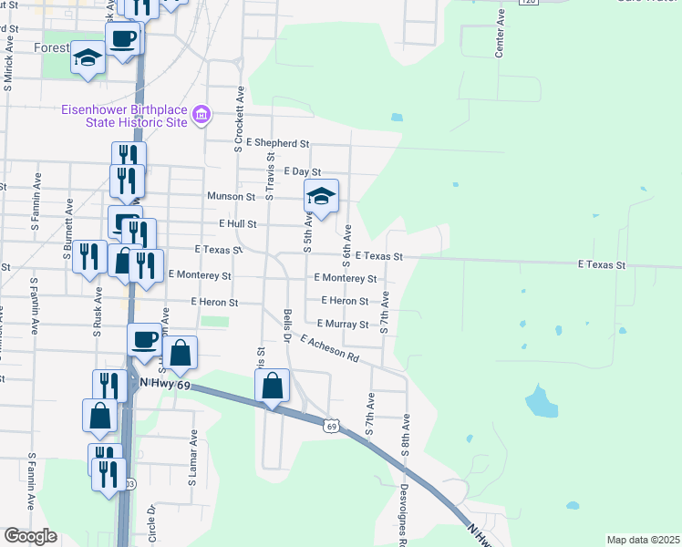 map of restaurants, bars, coffee shops, grocery stores, and more near 529 East Monterey Street in Denison