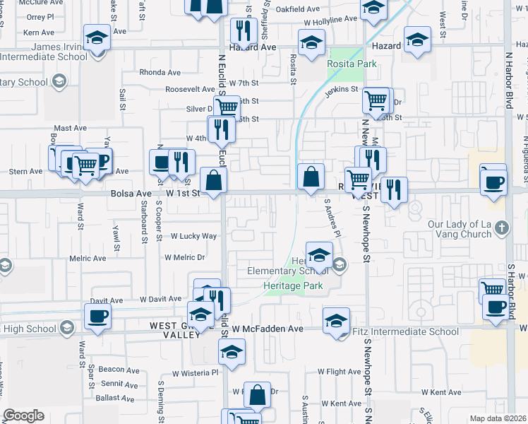 map of restaurants, bars, coffee shops, grocery stores, and more near 4920 West 1st Street in Santa Ana