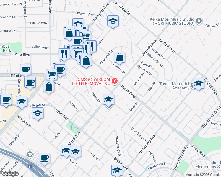 map of restaurants, bars, coffee shops, grocery stores, and more near 1461 Garland Avenue in Tustin