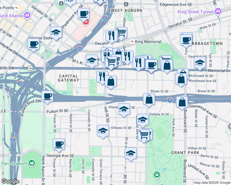 map of restaurants, bars, coffee shops, grocery stores, and more near in Atlanta