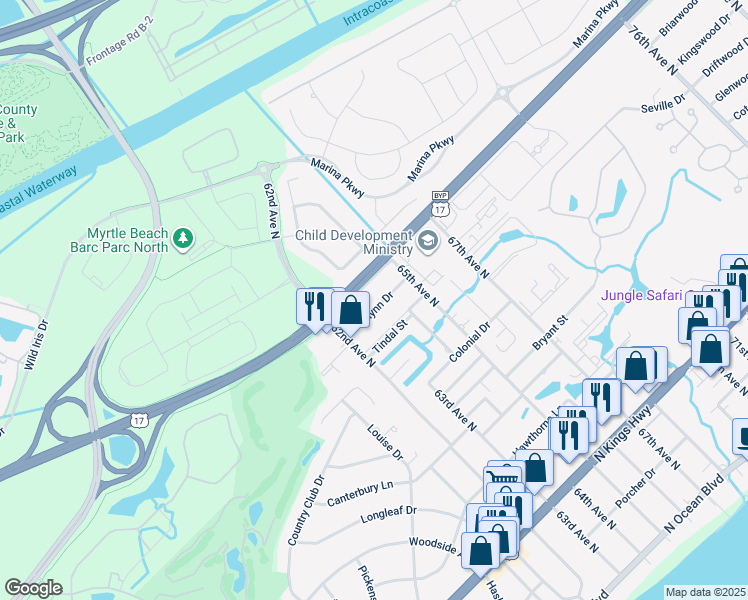 map of restaurants, bars, coffee shops, grocery stores, and more near 6211 Blynn Drive in Myrtle Beach