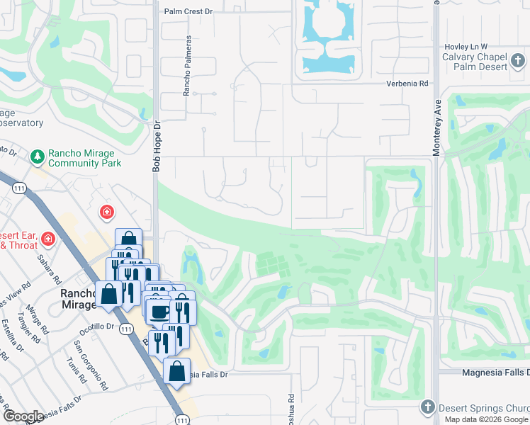 map of restaurants, bars, coffee shops, grocery stores, and more near 20 Clancy Lane Estates in Rancho Mirage