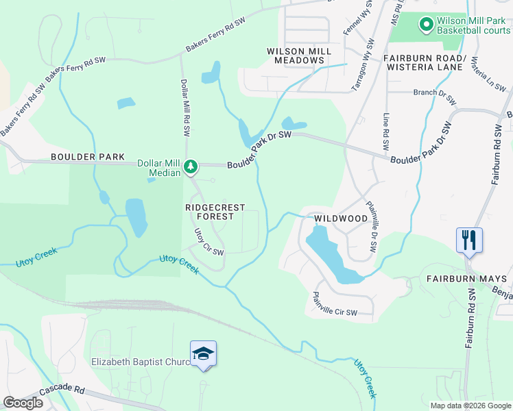 map of restaurants, bars, coffee shops, grocery stores, and more near 631 Utoy Circle Southwest in Atlanta