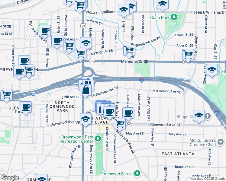 map of restaurants, bars, coffee shops, grocery stores, and more near 1299 McPherson Avenue Southeast in Atlanta