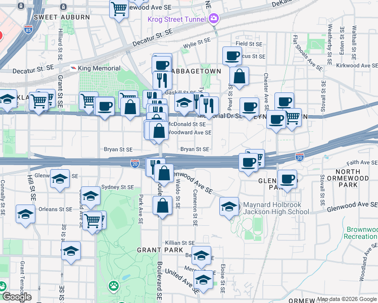 map of restaurants, bars, coffee shops, grocery stores, and more near 653 Bryan Street Southeast in Atlanta