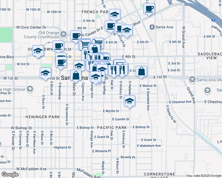 map of restaurants, bars, coffee shops, grocery stores, and more near 208 Oak Street in Santa Ana