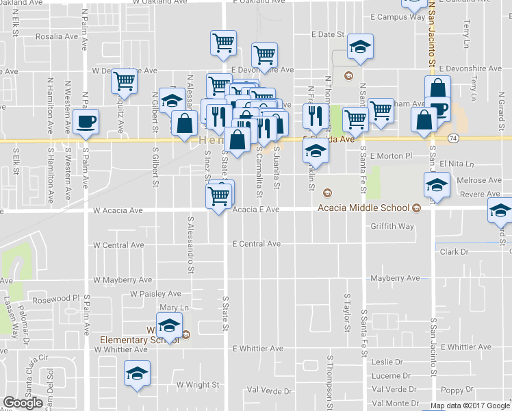 map of restaurants, bars, coffee shops, grocery stores, and more near 251 South Carmalita Street in Hemet